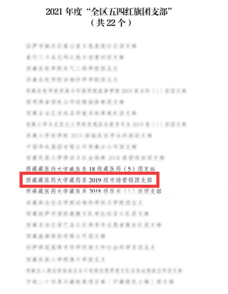 经济与管理学院2019藏药营销班团支部荣获“西藏自治区五四红旗团支部”荣誉称号
